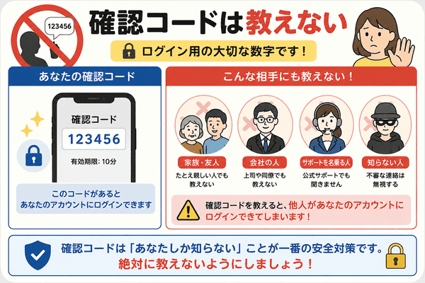 アカウントの確認コードを人に教えてはいけないことを説明した図解