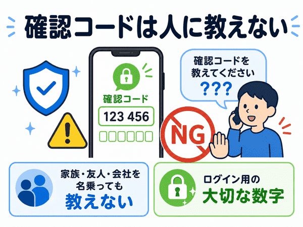 二段階認証の確認コードを人に教えてはいけないことを説明した図解