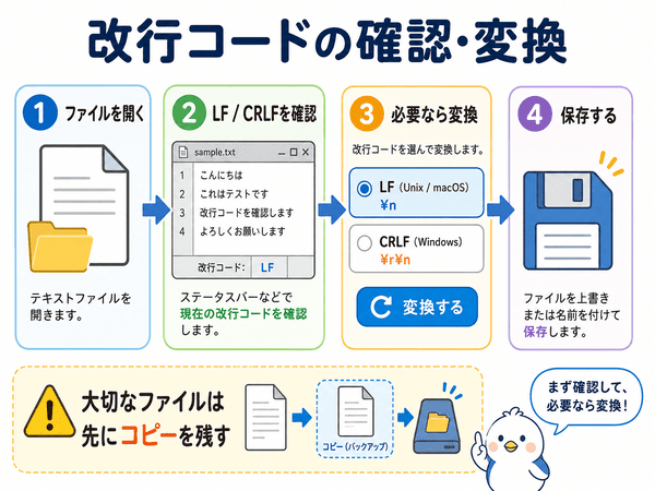改行コードをエディターで確認して必要に応じて変換する流れを説明した図解