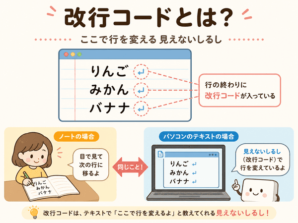 改行コードとは行を変える場所を示す見えないしるしであることを説明した図解