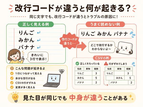 改行コードが違うと文章やCSVの表示がずれることを説明した図解