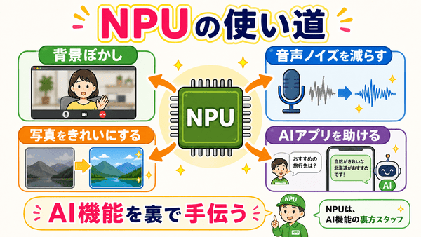 NPUが背景ぼかしや音声ノイズ低減などのAI機能を助けることを説明した図解
