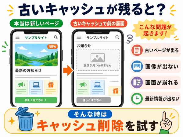 古いキャッシュが残ると古いページや崩れた画面が表示されることを説明した図解