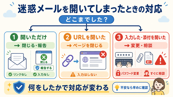 迷惑メールを開いてしまったときに開いただけかURLを開いたか入力したかで対応を分ける図解