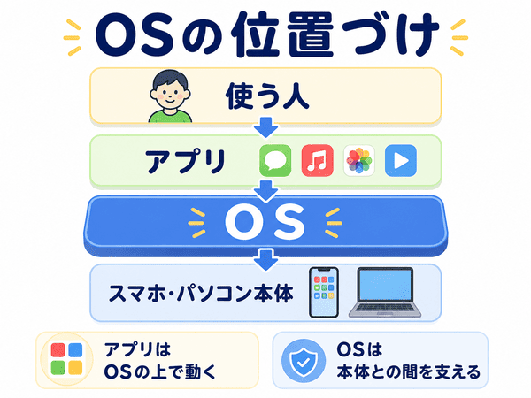 使う人とアプリとOSとスマホやパソコン本体の関係を初心者向けに示した図解