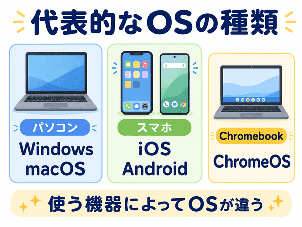 WindowsとmacOSとiOSとAndroidとChromeOSの違いを初心者向けにまとめた図解