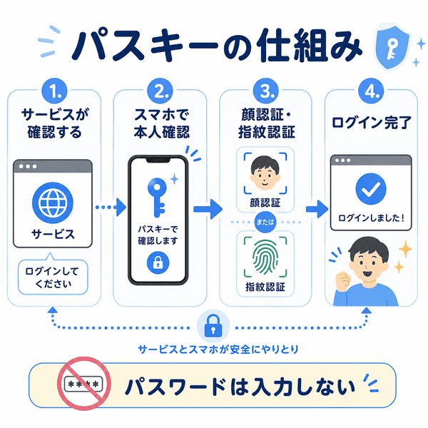 パスキーの仕組みをログインの流れで説明した図解