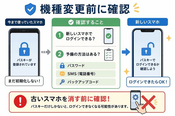 パスキーを使っているときの機種変更前の確認点をまとめた図解