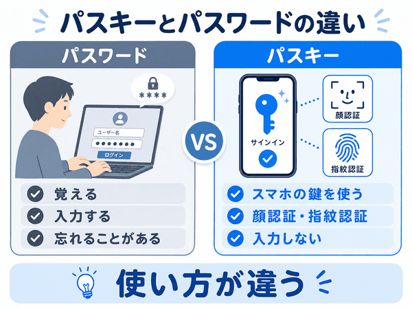 パスキーとパスワードの違いを初心者向けに比較した図解