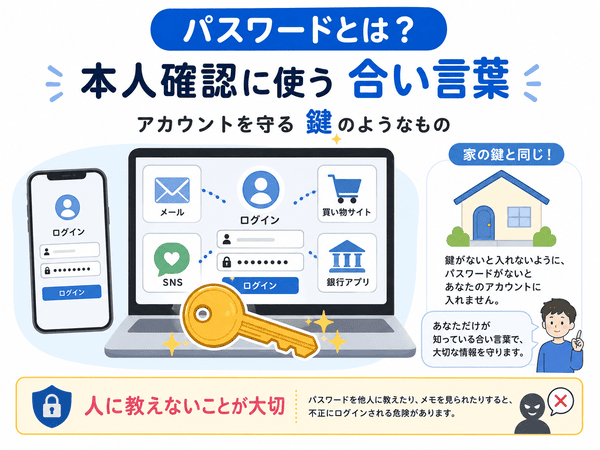 パスワードとは本人確認に使う合い言葉でアカウントを守る鍵のようなものであることを説明した図解