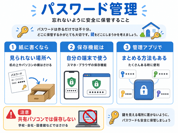 パスワードは紙や保存機能や管理アプリで安全に保管し共有パソコンでは保存しないことを説明した図解