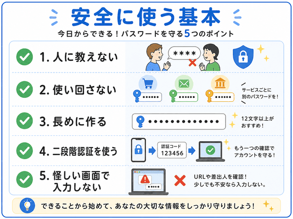 パスワードを安全に使うために人に教えない使い回さない長めに作る二段階認証を使うことを説明した図解