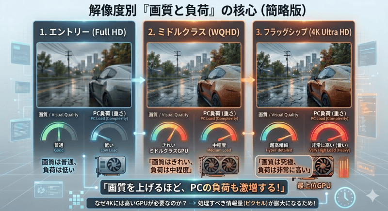 解像度（Full HD・WQHD・4K）ごとのゲーム画質とPC負荷の比較インフォグラフィック。解像度を上げるほど画質は向上するが、PCの負荷も激増することを示す。