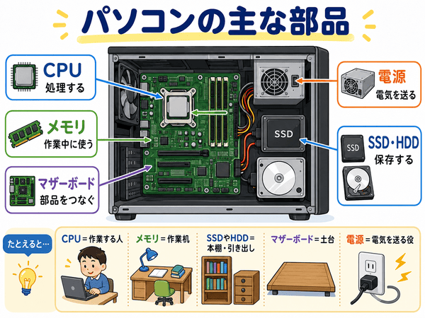 CPU、メモリ、SSD、マザーボード、電源などパソコンの主なハードウェアを説明した図解