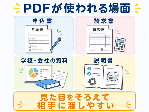PDFが申込書や請求書、資料、説明書で使われる場面をまとめた図解 その画像が必要な理由