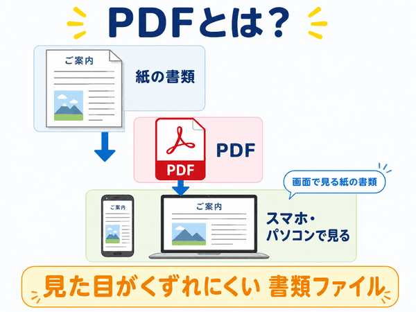PDFは紙の書類をスマホやパソコンで見られる書類ファイルであることを説明した図解