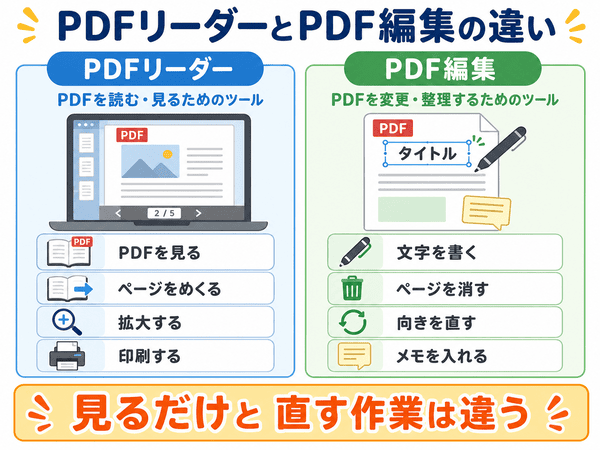 PDFリーダーとPDF編集の違いを初心者向けに比較した図解