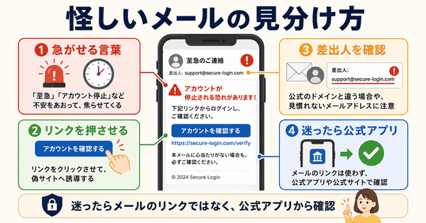 フィッシングメールの急がせる言葉やリンクや差出人など確認ポイントを説明した図解