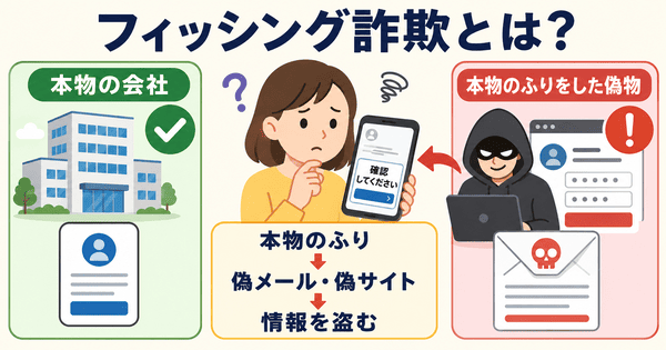 フィッシング詐欺とは本物のふりをした偽メールや偽サイトでIDやパスワードなどの情報を盗む詐欺だと説明した図解