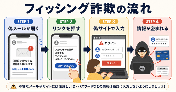 フィッシング詐欺で偽メールから偽サイトへ誘導され情報を盗まれる流れを説明した図解