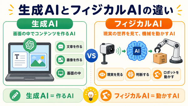 フィジカルAIと生成AIの違いを画面の中と現実世界で比較した図解