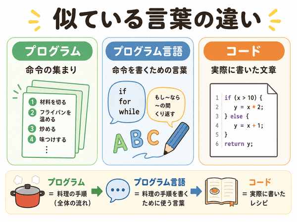 プログラムとプログラム言語とコードの違いを初心者向けに説明した図解