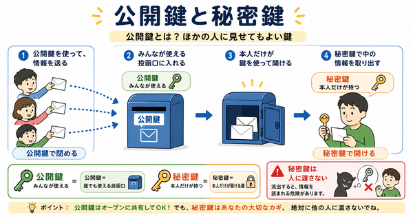 公開鍵と秘密鍵の仕組みを投函口と本人だけの鍵で説明した図