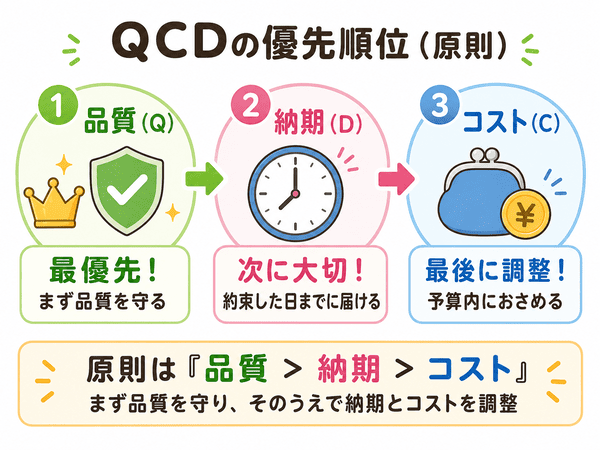 QCDの優先順位として品質、納期、コスト調整の流れを示した図