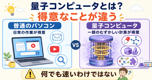 量子コンピュータは普通のパソコンと得意な計算が違うことを説明した図解