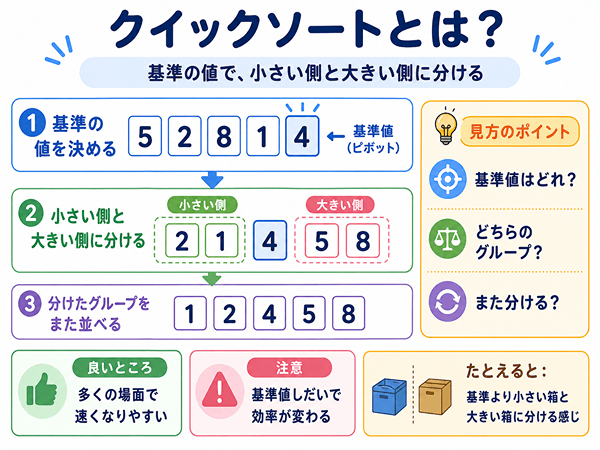 クイックソートの流れを初心者向けに示した図解