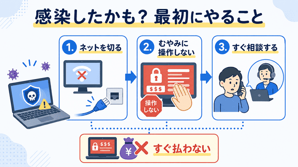 ランサムウェアに感染したときにネットを切って操作せず相談する流れを説明した図解