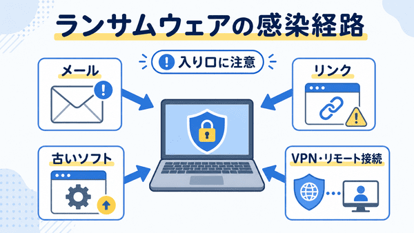 ランサムウェアの感染経路としてメールやリンクや古いソフトやVPNを説明した図解