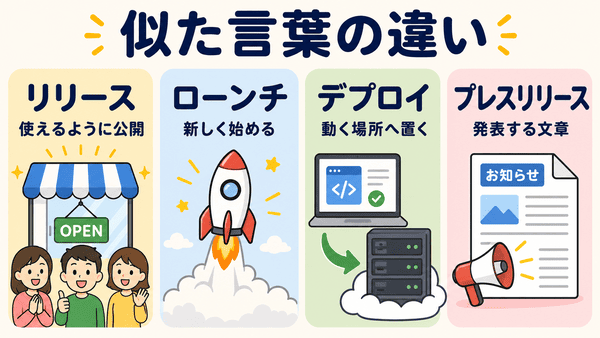 リリースとローンチとデプロイとプレスリリースの違いを初心者向けに説明した図解