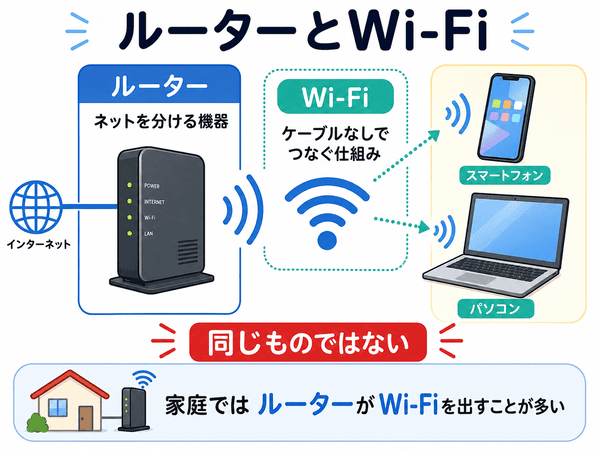 ルーターとWi-Fiの違いと関係を初心者向けに説明した図解