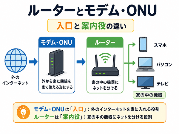 ルーターとモデム ONUの違いを家の入口と案内役の例えで説明した図解