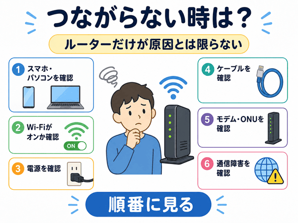 ルーターがつながらない時に確認するポイントを順番に説明した図解