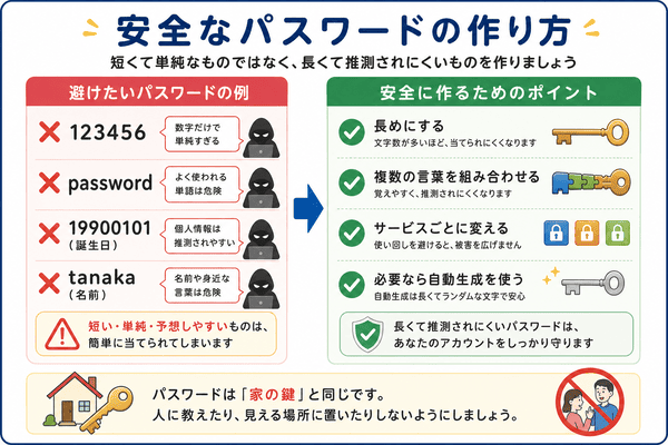 安全なパスワードは短く単純なものを避け長く推測されにくくサービスごとに変えることを説明した図解