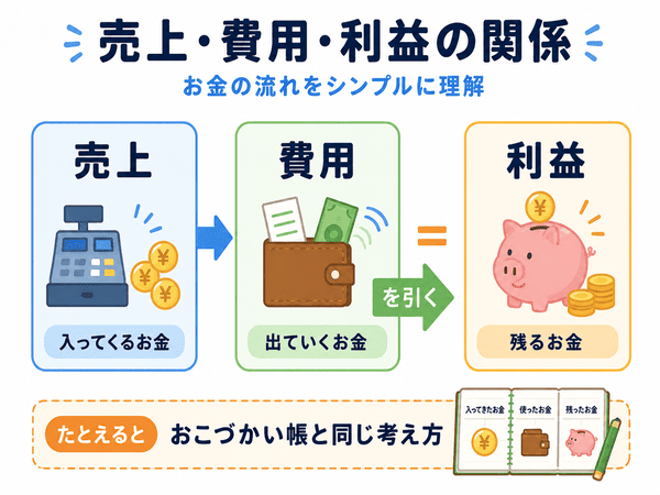売上、費用、利益の関係を初心者向けに示した図