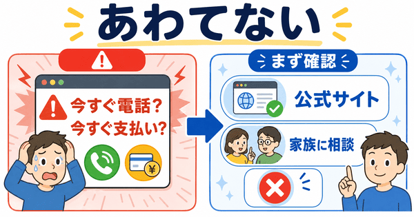 セキュリティ警告で今すぐ電話や今すぐ支払いと表示されたときはまず確認することを示した図解