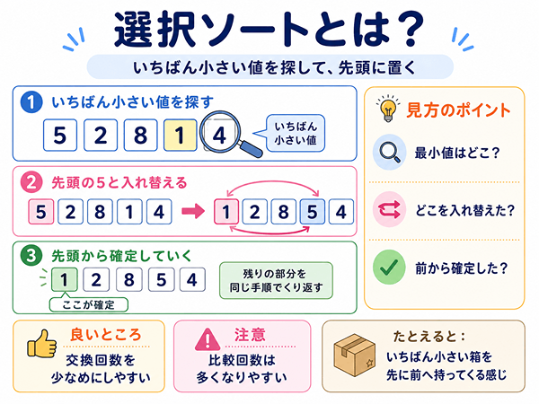 選択ソートの流れを初心者向けに示した図解