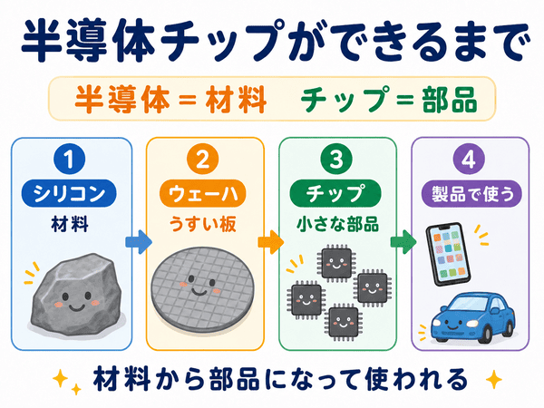シリコンからウェーハ、チップになり製品で使われる流れを示した図