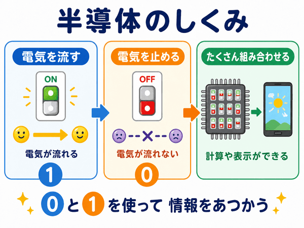半導体が0と1を使って情報を扱う仕組みを示した図
