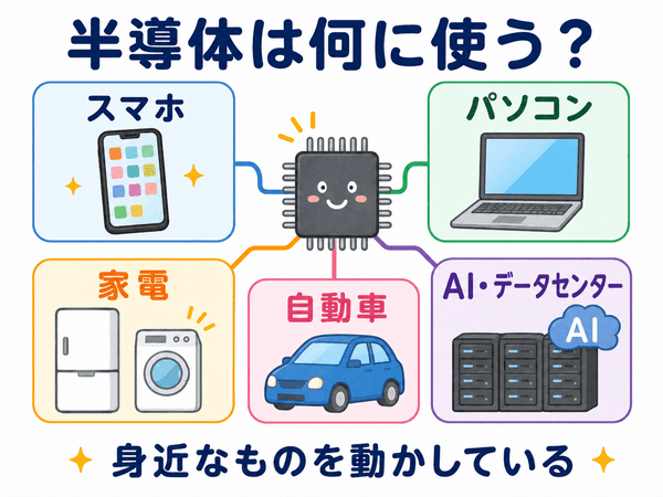 半導体がスマホやパソコン、家電、自動車、AIデータセンターに使われていることを示した図