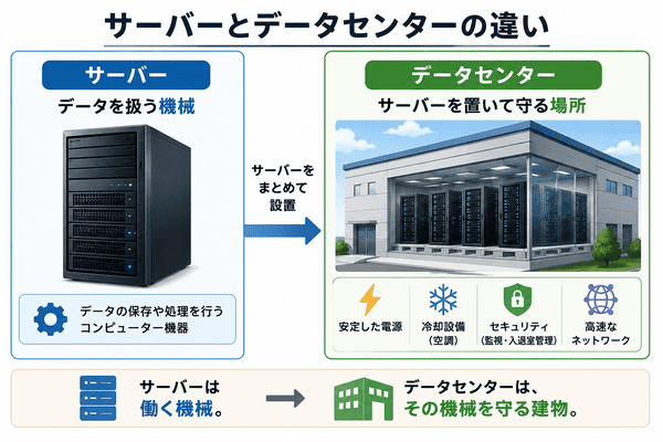データセンターの中にあるサーバーや電源や冷却やセキュリティ設備を説明した図