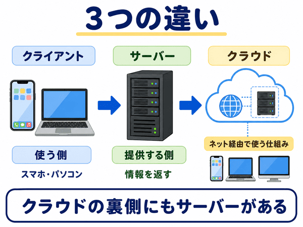 サーバーとクライアントとクラウドの違いを初心者向けにまとめた図解