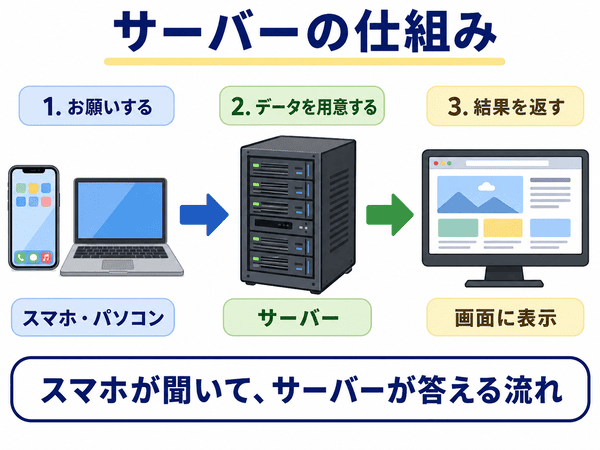 スマホやパソコンがサーバーにお願いして結果が返る流れを示した図解