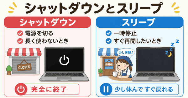 スリープと休止状態とシャットダウンの違いを浅い休みと深い休みと電源オフで説明した図解