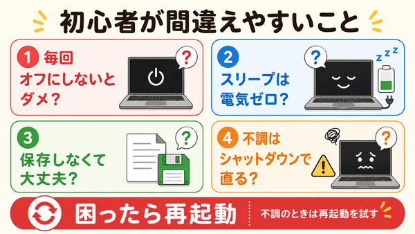 シャットダウンとスリープで初心者が間違えやすい点をまとめた図解