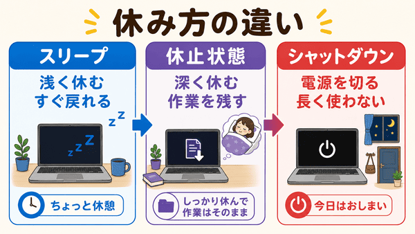 スリープと休止状態とシャットダウンの違いを浅い休みと深い休みと電源オフで説明した図解