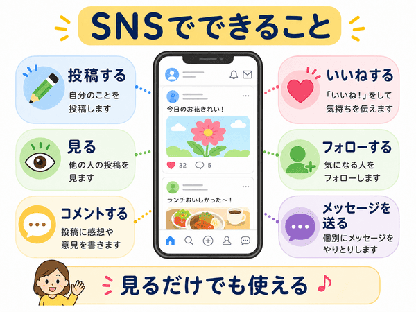 SNSで投稿やコメントやいいねなどができることを初心者向けにまとめた図解